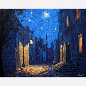 star, a star themed composition featuring starry alley, a night or still life setting, starry alley, midnight blue with silver and warm gold highlights, quietly luminous, foreground subject, impasto texture, textured strokes, atmospheric depth, oil painting, palette knife texture, impasto oil, thick paint, bold brushwork, soft glow, color contrast, layered depth, foreground focus, background gradient