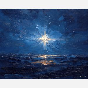 star, a star themed composition featuring single bright star, a night or still life setting, single bright star, midnight blue with silver and warm gold highlights, quietly luminous, foreground subject, impasto texture, textured strokes, atmospheric depth, oil painting, palette knife texture, impasto oil, thick paint, bold brushwork, soft glow, color contrast, layered depth, foreground focus, background gradient