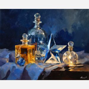 star, a star themed composition featuring glass star pendant, a night or still life setting, glass star pendant, midnight blue with silver and warm gold highlights, quietly luminous, foreground subject, impasto texture, textured strokes, atmospheric depth, oil painting, palette knife texture, impasto oil, thick paint, bold brushwork, soft glow, color contrast, layered depth, foreground focus, background gradient