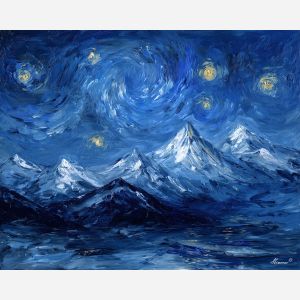 star, a star themed composition featuring snow field night, a night or still life setting, snow field night, midnight blue with silver and warm gold highlights, quietly luminous, foreground subject, impasto texture, textured strokes, atmospheric depth, oil painting, palette knife texture, impasto oil, thick paint, bold brushwork, soft glow, color contrast, layered depth, foreground focus, background gradient
