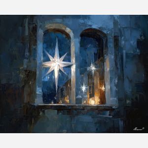 star, a star themed composition featuring church window star, a night or still life setting, church window star, midnight blue with silver and warm gold highlights, quietly luminous, foreground subject, impasto texture, textured strokes, atmospheric depth, oil painting, palette knife texture, impasto oil, thick paint, bold brushwork, soft glow, color contrast, layered depth, foreground focus, background gradient