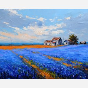 texas, a Texas scene centered on bluebonnet field, a western landscape or town scene, bluebonnet field, sunset orange and dusty blue with warm earth tones, wide and sun warmed, foreground subject, impasto texture, textured strokes, atmospheric depth, oil painting, palette knife texture, impasto oil, thick paint, bold brushwork, soft glow, color contrast, layered depth, foreground focus, background gradient