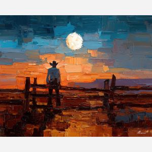 texas, a Texas scene centered on cowboy hat on fence, a western landscape or town scene, cowboy hat on fence, sunset orange and dusty blue with warm earth tones, wide and sun warmed, foreground subject, impasto texture, textured strokes, atmospheric depth, oil painting, palette knife texture, impasto oil, thick paint, bold brushwork, soft glow, color contrast, layered depth, foreground focus, background gradient