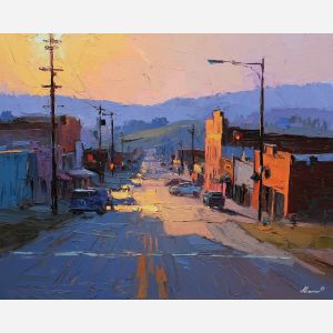 texas, a Texas scene centered on small town main street, a western landscape or town scene, small town main street, sunset orange and dusty blue with warm earth tones, wide and sun warmed, foreground subject, impasto texture, textured strokes, atmospheric depth, oil painting, palette knife texture, impasto oil, thick paint, bold brushwork, soft glow, color contrast, layered depth, foreground focus, background gradient