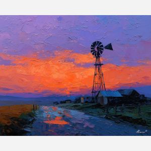 texas, a Texas scene centered on windmill at dusk, a western landscape or town scene, windmill at dusk, sunset orange and dusty blue with warm earth tones, wide and sun warmed, foreground subject, impasto texture, textured strokes, atmospheric depth, oil painting, palette knife texture, impasto oil, thick paint, bold brushwork, soft glow, color contrast, layered depth, foreground focus, background gradient