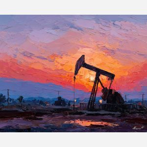 texas, a Texas scene centered on oil pump jack, a western landscape or town scene, oil pump jack, sunset orange and dusty blue with warm earth tones, wide and sun warmed, foreground subject, impasto texture, textured strokes, atmospheric depth, oil painting, palette knife texture, impasto oil, thick paint, bold brushwork, soft glow, color contrast, layered depth, foreground focus, background gradient