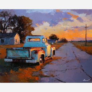 texas, a Texas scene centered on old pickup truck, a western landscape or town scene, old pickup truck, sunset orange and dusty blue with warm earth tones, wide and sun warmed, foreground subject, impasto texture, textured strokes, atmospheric depth, oil painting, palette knife texture, impasto oil, thick paint, bold brushwork, soft glow, color contrast, layered depth, foreground focus, background gradient