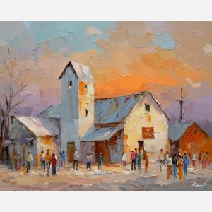 texas, a Texas scene centered on country dance hall, a western landscape or town scene, country dance hall, sunset orange and dusty blue with warm earth tones, wide and sun warmed, foreground subject, impasto texture, textured strokes, atmospheric depth, oil painting, palette knife texture, impasto oil, thick paint, bold brushwork, soft glow, color contrast, layered depth, foreground focus, background gradient