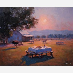 texas, a Texas scene centered on barbecue table, a western landscape or town scene, barbecue table, sunset orange and dusty blue with warm earth tones, wide and sun warmed, foreground subject, impasto texture, textured strokes, atmospheric depth, oil painting, palette knife texture, impasto oil, thick paint, bold brushwork, soft glow, color contrast, layered depth, foreground focus, background gradient