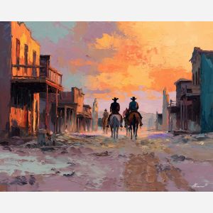 texas, a Texas scene centered on western saddle, a western landscape or town scene, western saddle, sunset orange and dusty blue with warm earth tones, wide and sun warmed, foreground subject, impasto texture, textured strokes, atmospheric depth, oil painting, palette knife texture, impasto oil, thick paint, bold brushwork, soft glow, color contrast, layered depth, foreground focus, background gradient