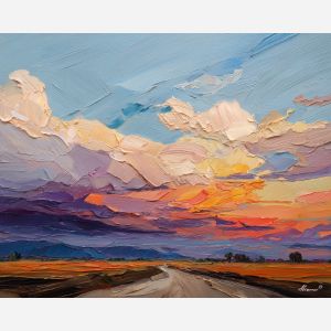 texas, a Texas scene centered on storm plains, a western landscape or town scene, storm plains, sunset orange and dusty blue with warm earth tones, wide and sun warmed, foreground subject, impasto texture, textured strokes, atmospheric depth, oil painting, palette knife texture, impasto oil, thick paint, bold brushwork, soft glow, color contrast, layered depth, foreground focus, background gradient