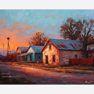 texas, a Texas scene centered on lone star sign, a western landscape or town scene, lone star sign, sunset orange and dusty blue with warm earth tones, wide and sun warmed, foreground subject, impasto texture, textured strokes, atmospheric depth, oil painting, palette knife texture, impasto oil, thick paint, bold brushwork, soft glow, color contrast, layered depth, foreground focus, background gradient