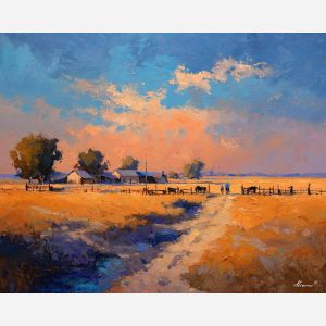 texas, a Texas scene centered on horse trough, a western landscape or town scene, horse trough, sunset orange and dusty blue with warm earth tones, wide and sun warmed, foreground subject, impasto texture, textured strokes, atmospheric depth, oil painting, palette knife texture, impasto oil, thick paint, bold brushwork, soft glow, color contrast, layered depth, foreground focus, background gradient