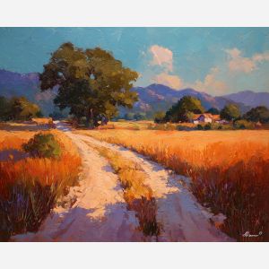 texas, a Texas scene centered on dusty trail, a western landscape or town scene, dusty trail, sunset orange and dusty blue with warm earth tones, wide and sun warmed, foreground subject, impasto texture, textured strokes, atmospheric depth, oil painting, palette knife texture, impasto oil, thick paint, bold brushwork, soft glow, color contrast, layered depth, foreground focus, background gradient