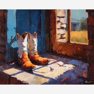 texas, a Texas scene centered on boots by door, a western landscape or town scene, boots by door, sunset orange and dusty blue with warm earth tones, wide and sun warmed, foreground subject, impasto texture, textured strokes, atmospheric depth, oil painting, palette knife texture, impasto oil, thick paint, bold brushwork, soft glow, color contrast, layered depth, foreground focus, background gradient