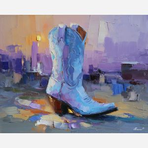 texas, a Texas scene centered on dance boots, a western landscape or town scene, dance boots, sunset orange and dusty blue with warm earth tones, wide and sun warmed, foreground subject, impasto texture, textured strokes, atmospheric depth, oil painting, palette knife texture, impasto oil, thick paint, bold brushwork, soft glow, color contrast, layered depth, foreground focus, background gradient