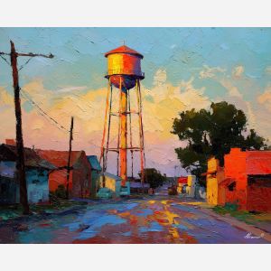 texas, a Texas scene centered on town water tower, a western landscape or town scene, town water tower, sunset orange and dusty blue with warm earth tones, wide and sun warmed, foreground subject, impasto texture, textured strokes, atmospheric depth, oil painting, palette knife texture, impasto oil, thick paint, bold brushwork, soft glow, color contrast, layered depth, foreground focus, background gradient