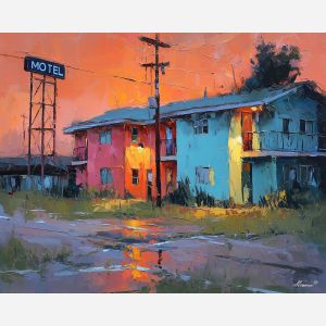 texas, a Texas scene centered on highway motel, a western landscape or town scene, highway motel, sunset orange and dusty blue with warm earth tones, wide and sun warmed, foreground subject, impasto texture, textured strokes, atmospheric depth, oil painting, palette knife texture, impasto oil, thick paint, bold brushwork, soft glow, color contrast, layered depth, foreground focus, background gradient