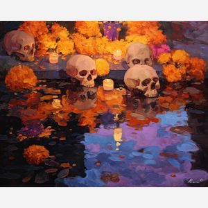 dia de los muertos, a Día de los Muertos scene centered on skull garland, a warm ceremonial setting, skull garland, orange marigold and cobalt shadow with magenta accents, reverent and celebratory, foreground subject, impasto texture, textured strokes, atmospheric depth, oil painting, palette knife texture, impasto oil, thick paint, bold brushwork, soft glow, color contrast, layered depth, foreground focus, background gradient