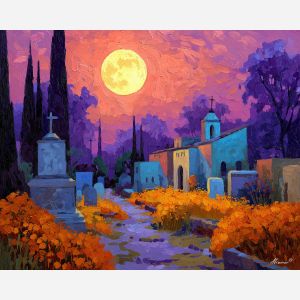 dia de los muertos, a Día de los Muertos scene centered on moonlit cemetery, a warm ceremonial setting, moonlit cemetery, orange marigold and cobalt shadow with magenta accents, reverent and celebratory, foreground subject, impasto texture, textured strokes, atmospheric depth, oil painting, palette knife texture, impasto oil, thick paint, bold brushwork, soft glow, color contrast, layered depth, foreground focus, background gradient