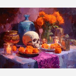 dia de los muertos, a Día de los Muertos scene centered on candied offerings, a warm ceremonial setting, candied offerings, orange marigold and cobalt shadow with magenta accents, reverent and celebratory, foreground subject, impasto texture, textured strokes, atmospheric depth, oil painting, palette knife texture, impasto oil, thick paint, bold brushwork, soft glow, color contrast, layered depth, foreground focus, background gradient