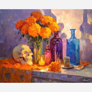 dia de los muertos, a Día de los Muertos scene centered on memory table, a warm ceremonial setting, memory table, orange marigold and cobalt shadow with magenta accents, reverent and celebratory, foreground subject, impasto texture, textured strokes, atmospheric depth, oil painting, palette knife texture, impasto oil, thick paint, bold brushwork, soft glow, color contrast, layered depth, foreground focus, background gradient