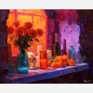 dia de los muertos, a Día de los Muertos scene centered on family altar, a warm ceremonial setting, family altar, orange marigold and cobalt shadow with magenta accents, reverent and celebratory, foreground subject, impasto texture, textured strokes, atmospheric depth, oil painting, palette knife texture, impasto oil, thick paint, bold brushwork, soft glow, color contrast, layered depth, foreground focus, background gradient
