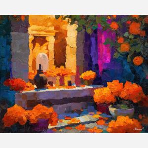 dia de los muertos, a Día de los Muertos scene centered on night shrine, a warm ceremonial setting, night shrine, orange marigold and cobalt shadow with magenta accents, reverent and celebratory, foreground subject, impasto texture, textured strokes, atmospheric depth, oil painting, palette knife texture, impasto oil, thick paint, bold brushwork, soft glow, color contrast, layered depth, foreground focus, background gradient