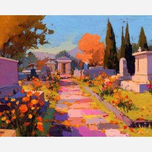 dia de los muertos, a Día de los Muertos scene centered on cemetery path, a warm ceremonial setting, cemetery path, orange marigold and cobalt shadow with magenta accents, reverent and celebratory, foreground subject, impasto texture, textured strokes, atmospheric depth, oil painting, palette knife texture, impasto oil, thick paint, bold brushwork, soft glow, color contrast, layered depth, foreground focus, background gradient