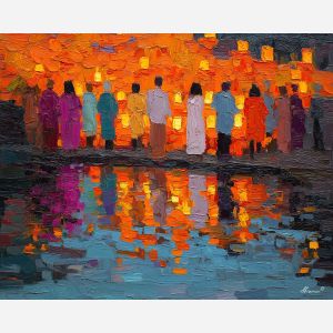dia de los muertos, a Día de los Muertos scene centered on candle procession, a warm ceremonial setting, candle procession, orange marigold and cobalt shadow with magenta accents, reverent and celebratory, foreground subject, impasto texture, textured strokes, atmospheric depth, oil painting, palette knife texture, impasto oil, thick paint, bold brushwork, soft glow, color contrast, layered depth, foreground focus, background gradient