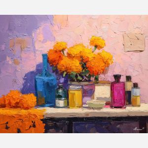 dia de los muertos, a Día de los Muertos scene centered on marigold altar, a warm ceremonial setting, marigold altar, orange marigold and cobalt shadow with magenta accents, reverent and celebratory, foreground subject, impasto texture, textured strokes, atmospheric depth, oil painting, palette knife texture, impasto oil, thick paint, bold brushwork, soft glow, color contrast, layered depth, foreground focus, background gradient