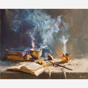 smoke, a smoke-focused composition centered on incense ribbon, an atmospheric setting, incense ribbon, silver gray and cobalt with warm ember accents, atmospheric and drifting, foreground subject, impasto texture, textured strokes, atmospheric depth, oil painting, palette knife texture, impasto oil, thick paint, bold brushwork, soft glow, color contrast, layered depth, foreground focus, background gradient