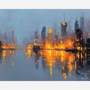 smoke, a smoke-focused composition centered on city haze, an atmospheric setting, city haze, silver gray and cobalt with warm ember accents, atmospheric and drifting, foreground subject, impasto texture, textured strokes, atmospheric depth, oil painting, palette knife texture, impasto oil, thick paint, bold brushwork, soft glow, color contrast, layered depth, foreground focus, background gradient