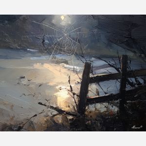 spider, a spider scene built around web on fence, a dark natural or architectural setting, web on fence, charcoal and silver with pale moonlight, quietly eerie, foreground subject, impasto texture, textured strokes, atmospheric depth, oil painting, palette knife texture, impasto oil, thick paint, bold brushwork, soft glow, color contrast, layered depth, foreground focus, background gradient
