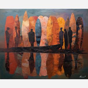 tribal, a tribal-inspired scene centered on pattern shield wall, a symbolic ritual environment, pattern shield wall, terracotta and ochre with deep indigo shadows, ceremonial and grounded, foreground subject, impasto texture, textured strokes, atmospheric depth, oil painting, palette knife texture, impasto oil, thick paint, bold brushwork, soft glow, color contrast, layered depth, foreground focus, background gradient