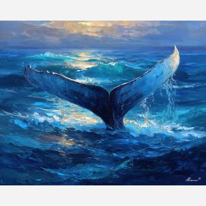 whale, a whale scene featuring blue wave crest, an oceanic environment, blue wave crest, deep blue and turquoise with silver light, vast and cinematic, foreground subject, impasto texture, textured strokes, atmospheric depth, oil painting, palette knife texture, impasto oil, thick paint, bold brushwork, soft glow, color contrast, layered depth, foreground focus, background gradient