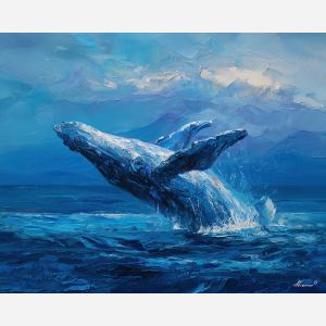 whale, a whale scene featuring breach at dawn, an oceanic environment, breach at dawn, deep blue and turquoise with silver light, vast and cinematic, foreground subject, impasto texture, textured strokes, atmospheric depth, oil painting, palette knife texture, impasto oil, thick paint, bold brushwork, soft glow, color contrast, layered depth, foreground focus, background gradient