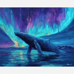 whale, a whale scene featuring whale under aurora, an oceanic environment, whale under aurora, deep blue and turquoise with silver light, vast and cinematic, foreground subject, impasto texture, textured strokes, atmospheric depth, oil painting, palette knife texture, impasto oil, thick paint, bold brushwork, soft glow, color contrast, layered depth, foreground focus, background gradient