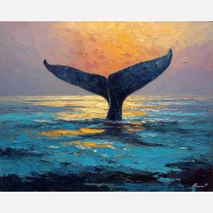 whale, a whale scene featuring tail above gold water, an oceanic environment, tail above gold water, deep blue and turquoise with silver light, vast and cinematic, foreground subject, impasto texture, textured strokes, atmospheric depth, oil painting, palette knife texture, impasto oil, thick paint, bold brushwork, soft glow, color contrast, layered depth, foreground focus, background gradient