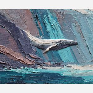 whale, a whale scene featuring whale near cliff, an oceanic environment, whale near cliff, deep blue and turquoise with silver light, vast and cinematic, foreground subject, impasto texture, textured strokes, atmospheric depth, oil painting, palette knife texture, impasto oil, thick paint, bold brushwork, soft glow, color contrast, layered depth, foreground focus, background gradient