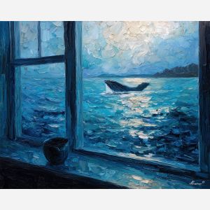 whale, a whale scene featuring northern water, an oceanic environment, northern water, deep blue and turquoise with silver light, vast and cinematic, foreground subject, impasto texture, textured strokes, atmospheric depth, oil painting, palette knife texture, impasto oil, thick paint, bold brushwork, soft glow, color contrast, layered depth, foreground focus, background gradient