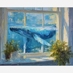 whale, a whale scene featuring storm sea whale, an oceanic environment, storm sea whale, deep blue and turquoise with silver light, vast and cinematic, foreground subject, impasto texture, textured strokes, atmospheric depth, oil painting, palette knife texture, impasto oil, thick paint, bold brushwork, soft glow, color contrast, layered depth, foreground focus, background gradient