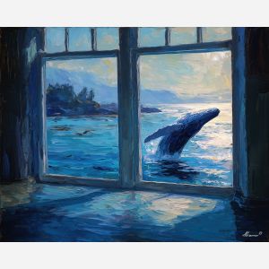 whale, a whale scene featuring calm harbor breach, an oceanic environment, calm harbor breach, deep blue and turquoise with silver light, vast and cinematic, foreground subject, impasto texture, textured strokes, atmospheric depth, oil painting, palette knife texture, impasto oil, thick paint, bold brushwork, soft glow, color contrast, layered depth, foreground focus, background gradient