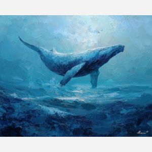 whale, a whale scene featuring foggy blue surf, an oceanic environment, foggy blue surf, deep blue and turquoise with silver light, vast and cinematic, foreground subject, impasto texture, textured strokes, atmospheric depth, oil painting, palette knife texture, impasto oil, thick paint, bold brushwork, soft glow, color contrast, layered depth, foreground focus, background gradient