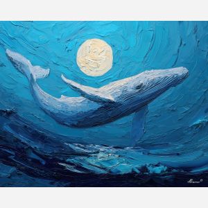 whale, a whale scene featuring whale and moon, an oceanic environment, whale and moon, deep blue and turquoise with silver light, vast and cinematic, foreground subject, impasto texture, textured strokes, atmospheric depth, oil painting, palette knife texture, impasto oil, thick paint, bold brushwork, soft glow, color contrast, layered depth, foreground focus, background gradient