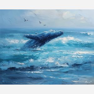 whale, a whale scene featuring sea foam breach, an oceanic environment, sea foam breach, deep blue and turquoise with silver light, vast and cinematic, foreground subject, impasto texture, textured strokes, atmospheric depth, oil painting, palette knife texture, impasto oil, thick paint, bold brushwork, soft glow, color contrast, layered depth, foreground focus, background gradient