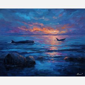 whale, a whale scene featuring sunset sea line, an oceanic environment, sunset sea line, deep blue and turquoise with silver light, vast and cinematic, foreground subject, impasto texture, textured strokes, atmospheric depth, oil painting, palette knife texture, impasto oil, thick paint, bold brushwork, soft glow, color contrast, layered depth, foreground focus, background gradient