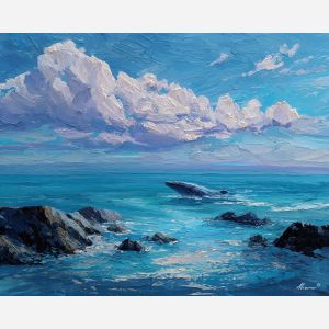 whale, a whale scene featuring whale near rocks, an oceanic environment, whale near rocks, deep blue and turquoise with silver light, vast and cinematic, foreground subject, impasto texture, textured strokes, atmospheric depth, oil painting, palette knife texture, impasto oil, thick paint, bold brushwork, soft glow, color contrast, layered depth, foreground focus, background gradient