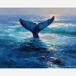 whale, a whale scene featuring tail in shadowed surf, an oceanic environment, tail in shadowed surf, deep blue and turquoise with silver light, vast and cinematic, foreground subject, impasto texture, textured strokes, atmospheric depth, oil painting, palette knife texture, impasto oil, thick paint, bold brushwork, soft glow, color contrast, layered depth, foreground focus, background gradient