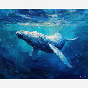whale, a whale scene featuring open water glow, an oceanic environment, open water glow, deep blue and turquoise with silver light, vast and cinematic, foreground subject, impasto texture, textured strokes, atmospheric depth, oil painting, palette knife texture, impasto oil, thick paint, bold brushwork, soft glow, color contrast, layered depth, foreground focus, background gradient